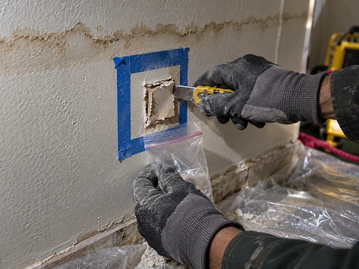 A gloved hand cutting a small sample of wet drywall joint compound into a sample bag before tear-out in Auburn, WA
