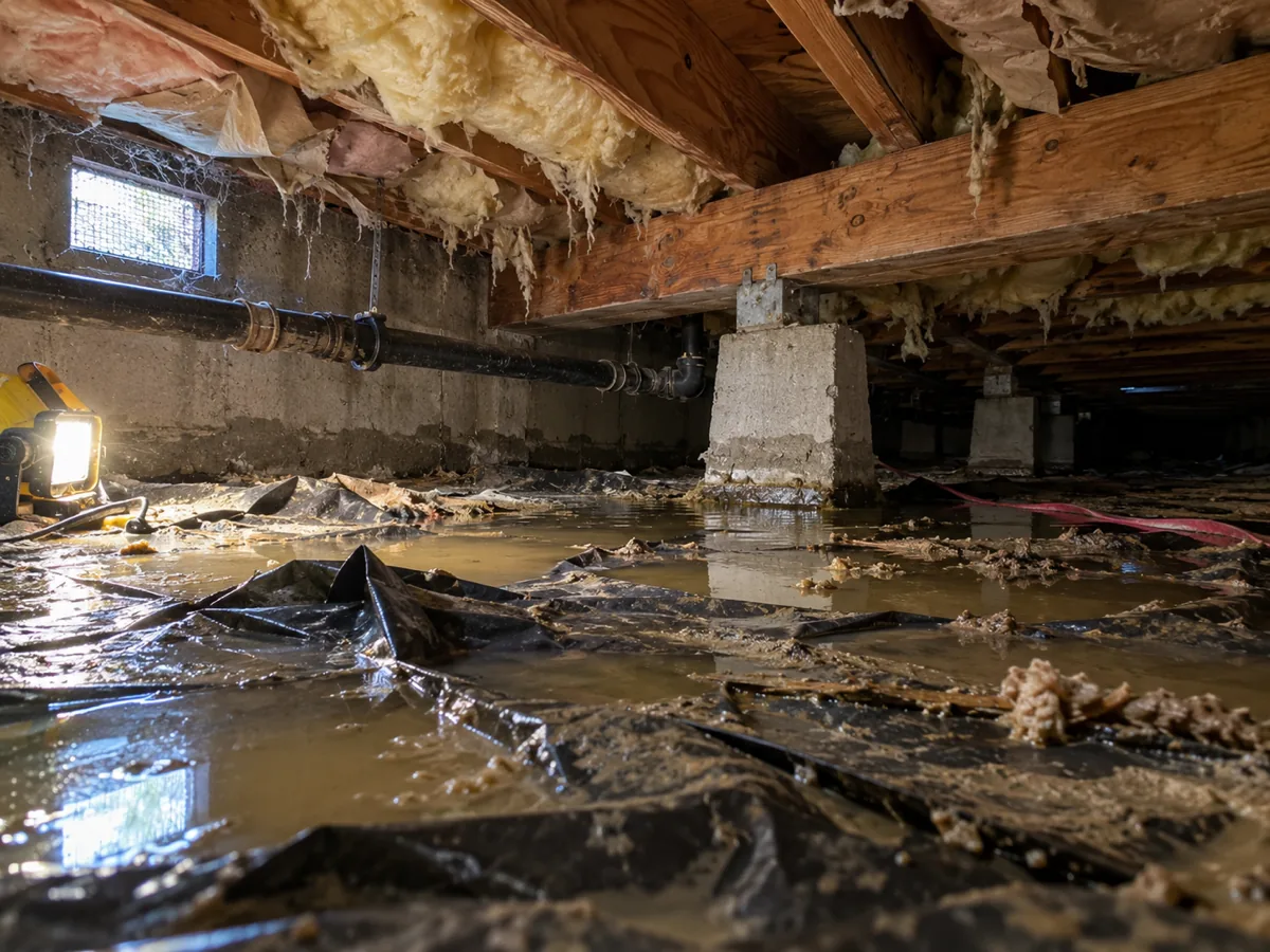 Standing water on a torn black vapour barrier in the vented crawl space of an Auburn, WA house