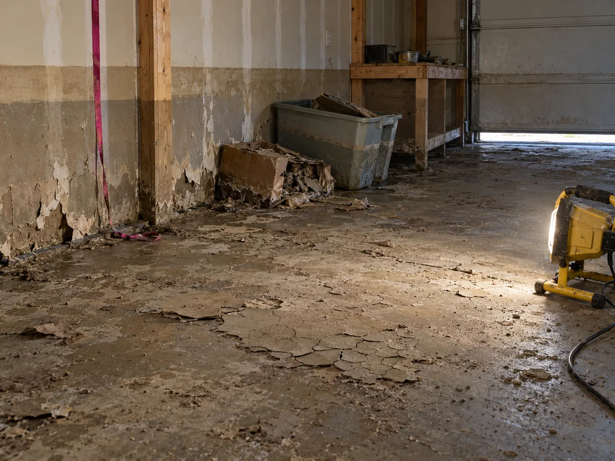 A silt water line left across the drywall of an attached garage in Auburn, WA after floodwater drained