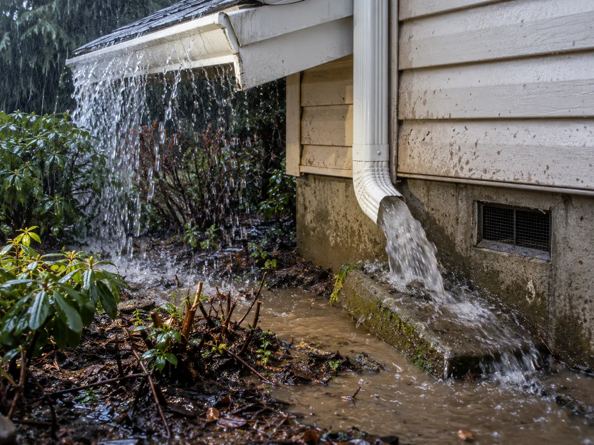 Rain overflowing a gutter and downspout onto a saturated flower bed against a foundation in Auburn, WA