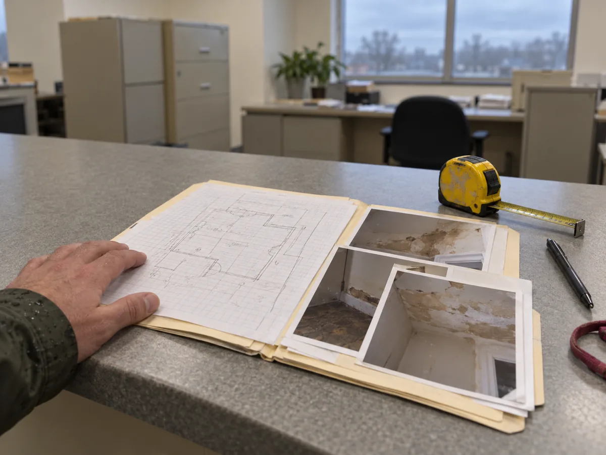 A manila folder, a room sketch and a tape measure on a grey permit counter, flood repair paperwork in Auburn, WA