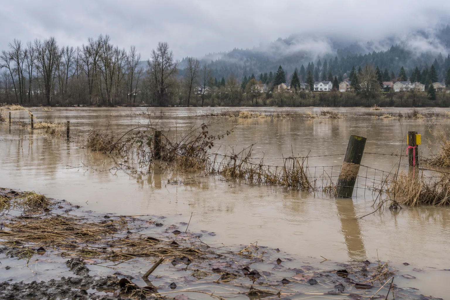A flooded bottomland field behind an Auburn, WA subdivision where the Green and White rivers meet