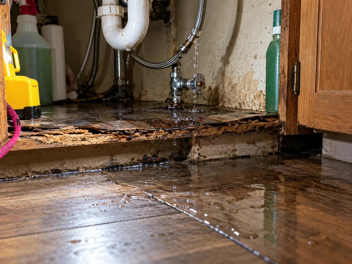 Water spreading from a split supply line under a kitchen sink across a laminate floor in an Auburn, WA home