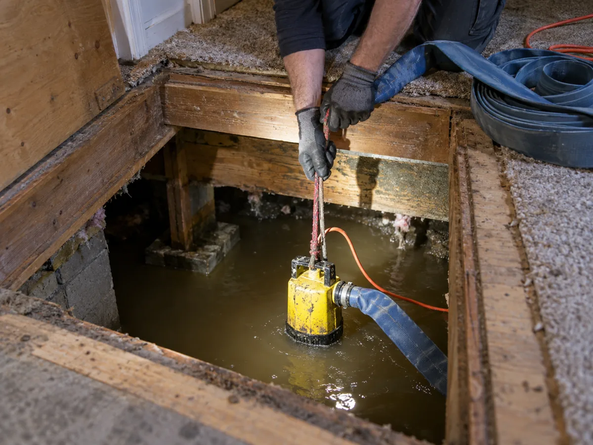 Gloved hands lowering a submersible pump through a crawl-space hatch into standing flood water in Auburn, WA