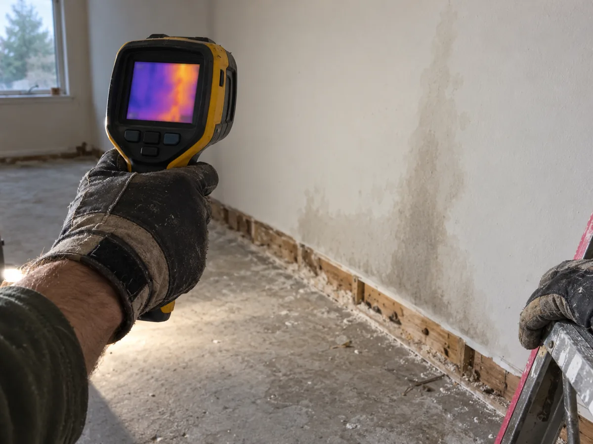 A gloved hand holding a thermal camera against a wall in an Auburn, WA house during a moisture survey