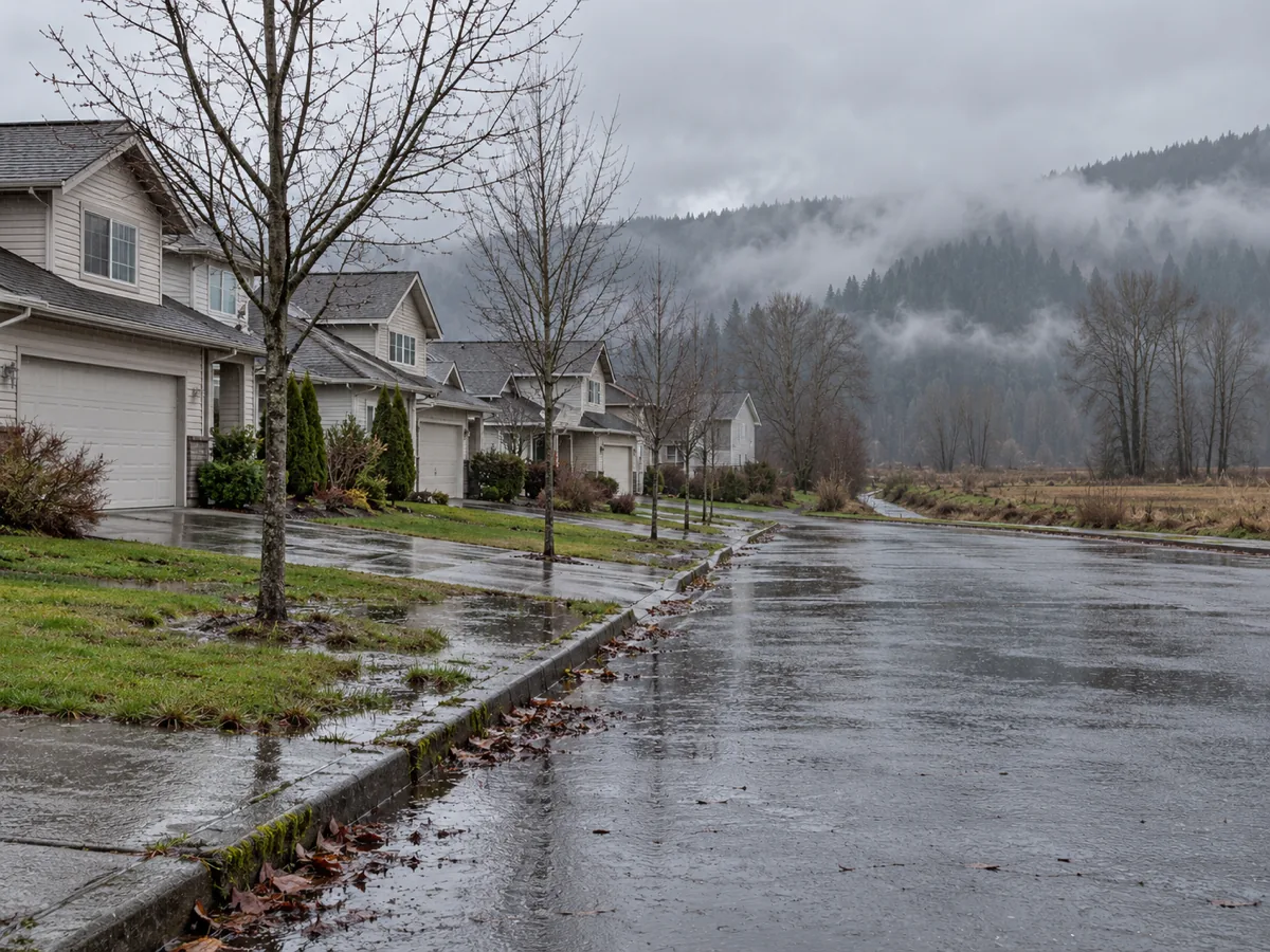 A wet valley-floor subdivision street of 1990s two-storey homes in Auburn, WA under low winter cloud