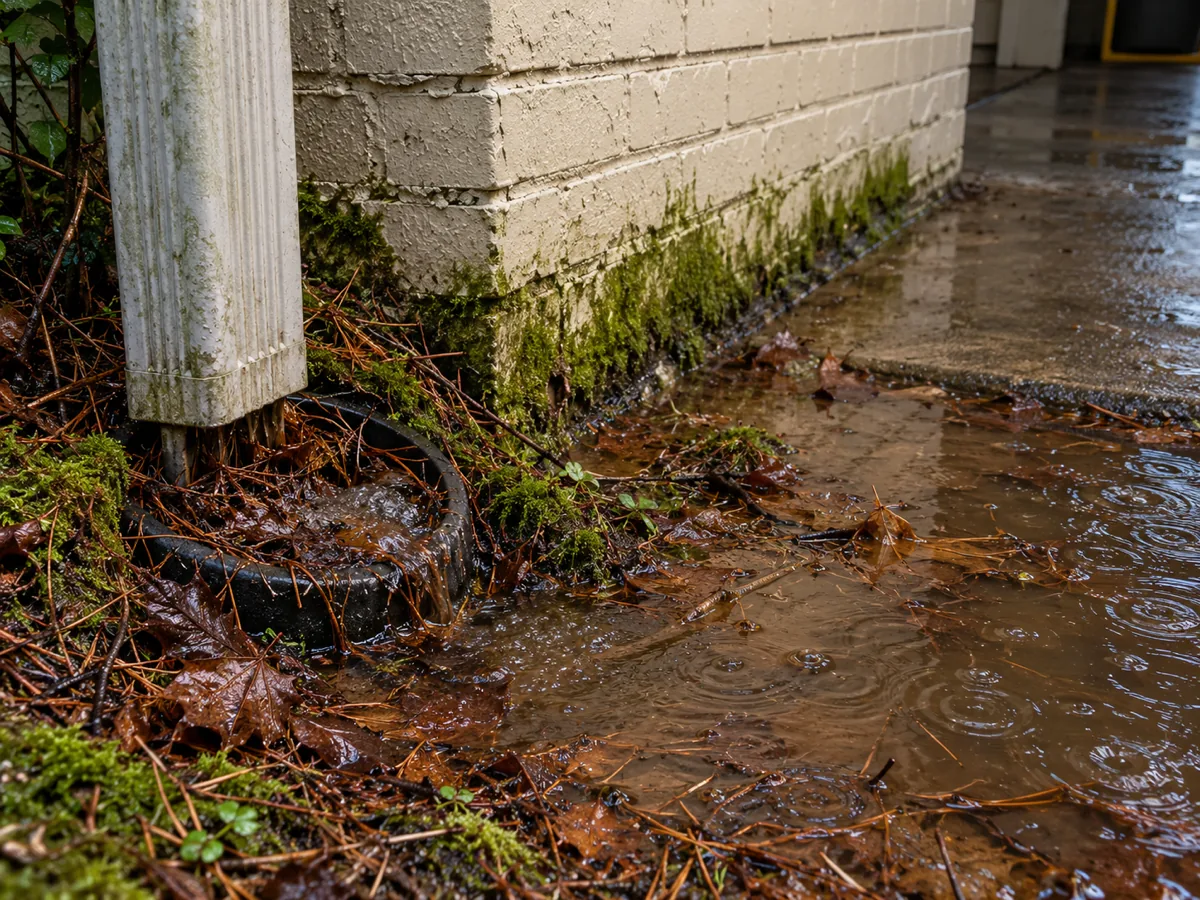 A downspout boot clogged with fir needles overflowing against a painted brick foundation in Burien, WA