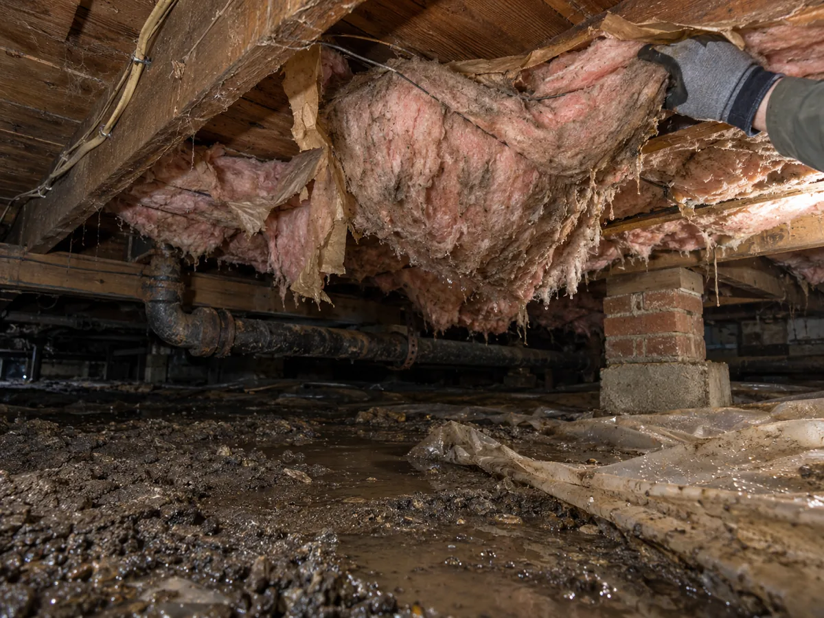Soaked fibreglass insulation hanging from the joists of a shallow Burien, WA crawl space above wet soil