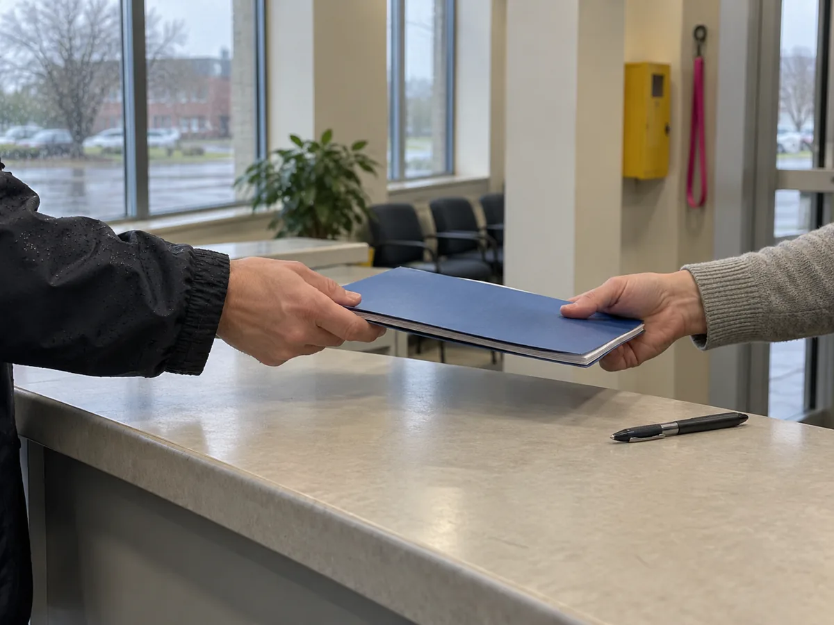 Two pairs of hands passing a document folder across a public permit counter, flood repair paperwork in Burien, WA