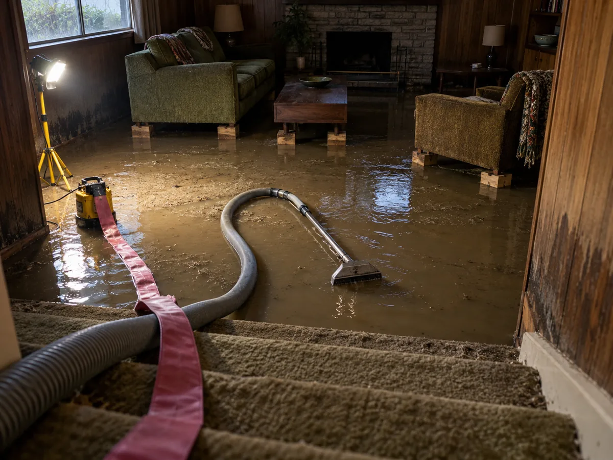 An extraction hose running down the steps into a sunken living room with standing flood water in Burien, WA