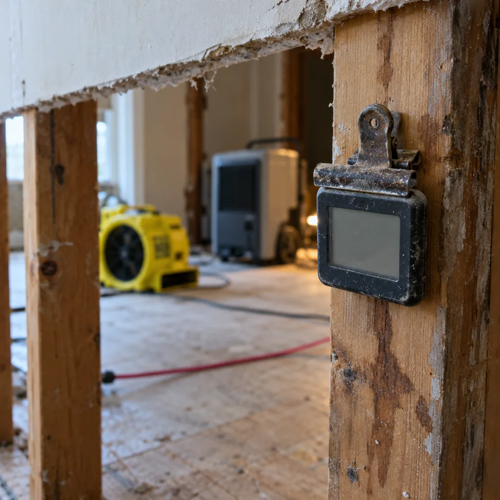 A small hygrometer clipped to a stud in a Burien, WA room being dried, with air movers blurred behind