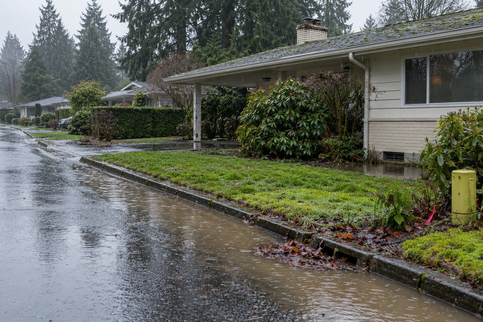 A street of 1960s ramblers in Burien, WA with water standing in the gutter and mossy lawns in winter rain