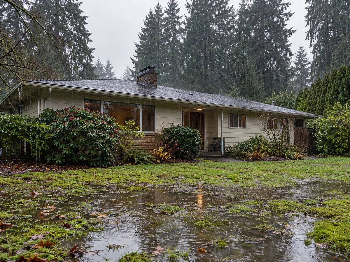 Heavy winter rain falling on a saturated lawn in front of a mid-century rambler in Burien, WA