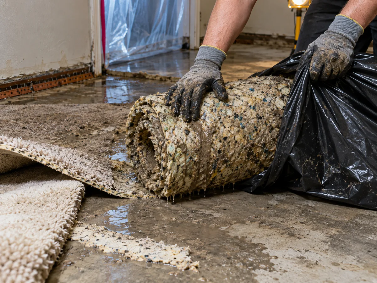 Gloved hands rolling soaked, silt-stained carpet pad into a contractor bag after creek water in Burien, WA