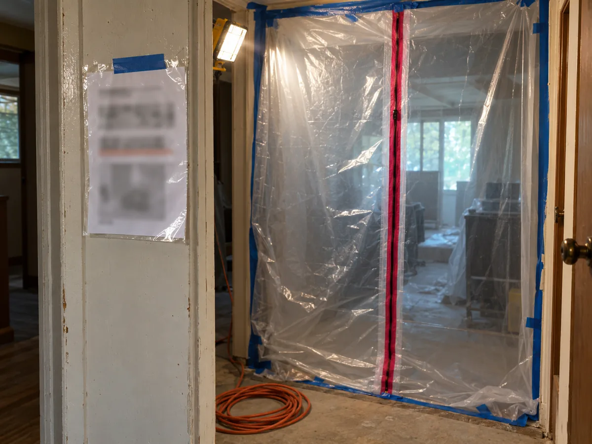 A survey summary in a clear sleeve taped to a doorframe beside containment sheeting at a Burien, WA flood job
