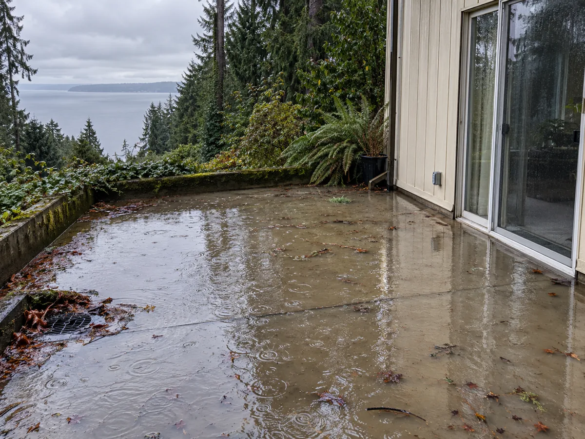 Water pooled across the patio and foundation of a hilltop 1980s house far from any river in Federal Way, WA