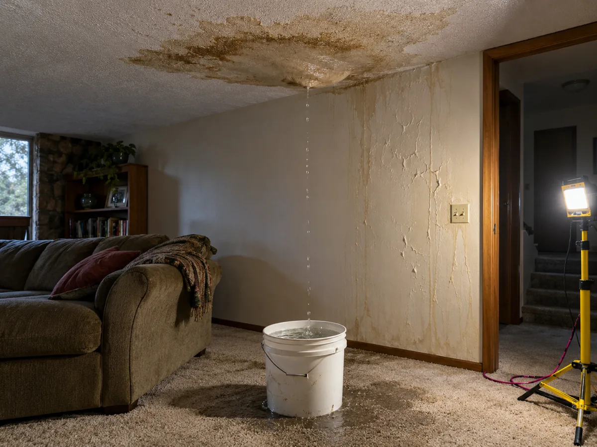 Water dripping from a stained ceiling below an upstairs bathroom into a bucket on carpet in Federal Way, WA