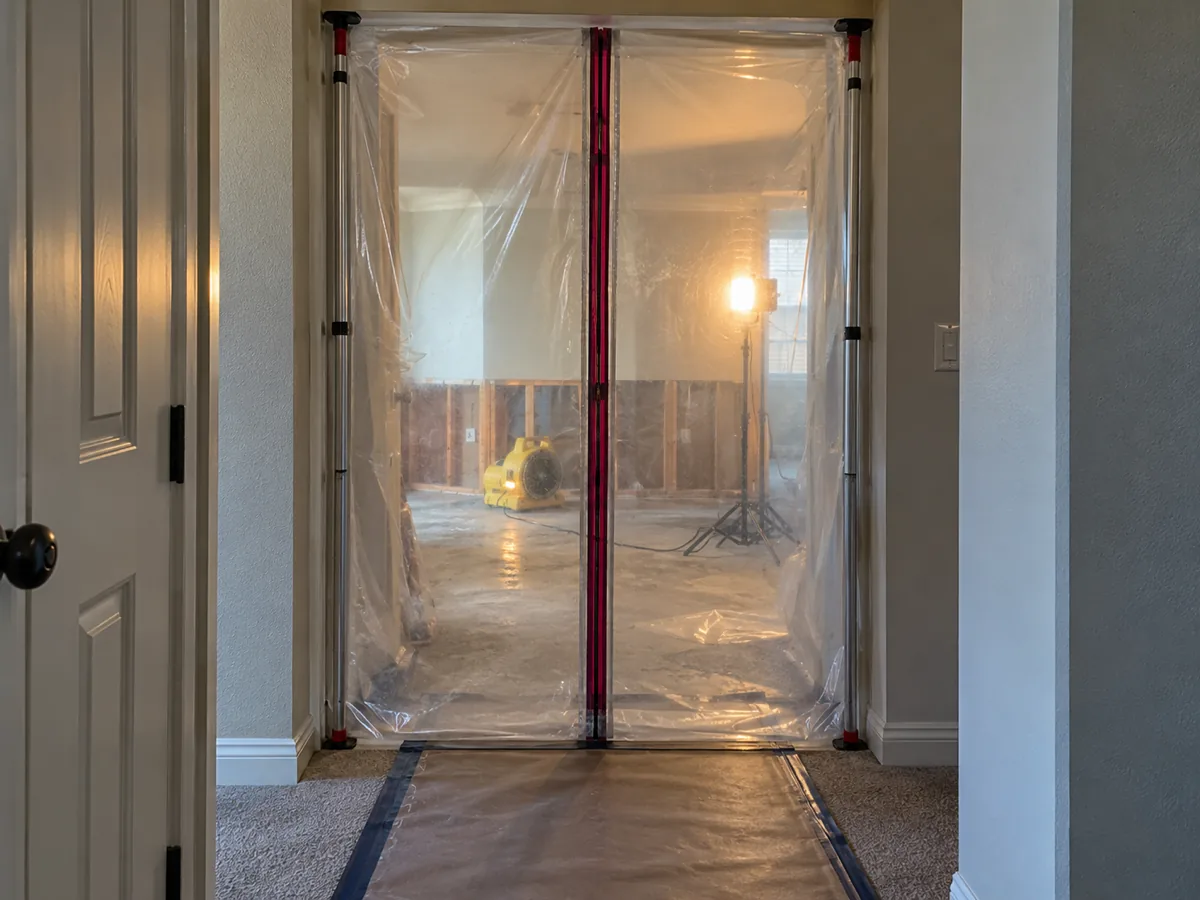 Clear polyethylene containment sheeting with a zip door sealing a doorway in a Federal Way, WA house