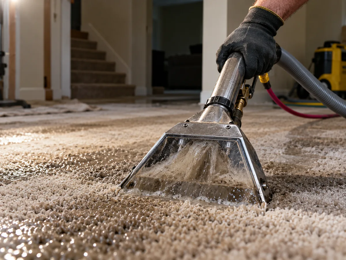 A stainless extraction wand pulling brown water out of soaked carpet in a lower-floor room in Federal Way, WA