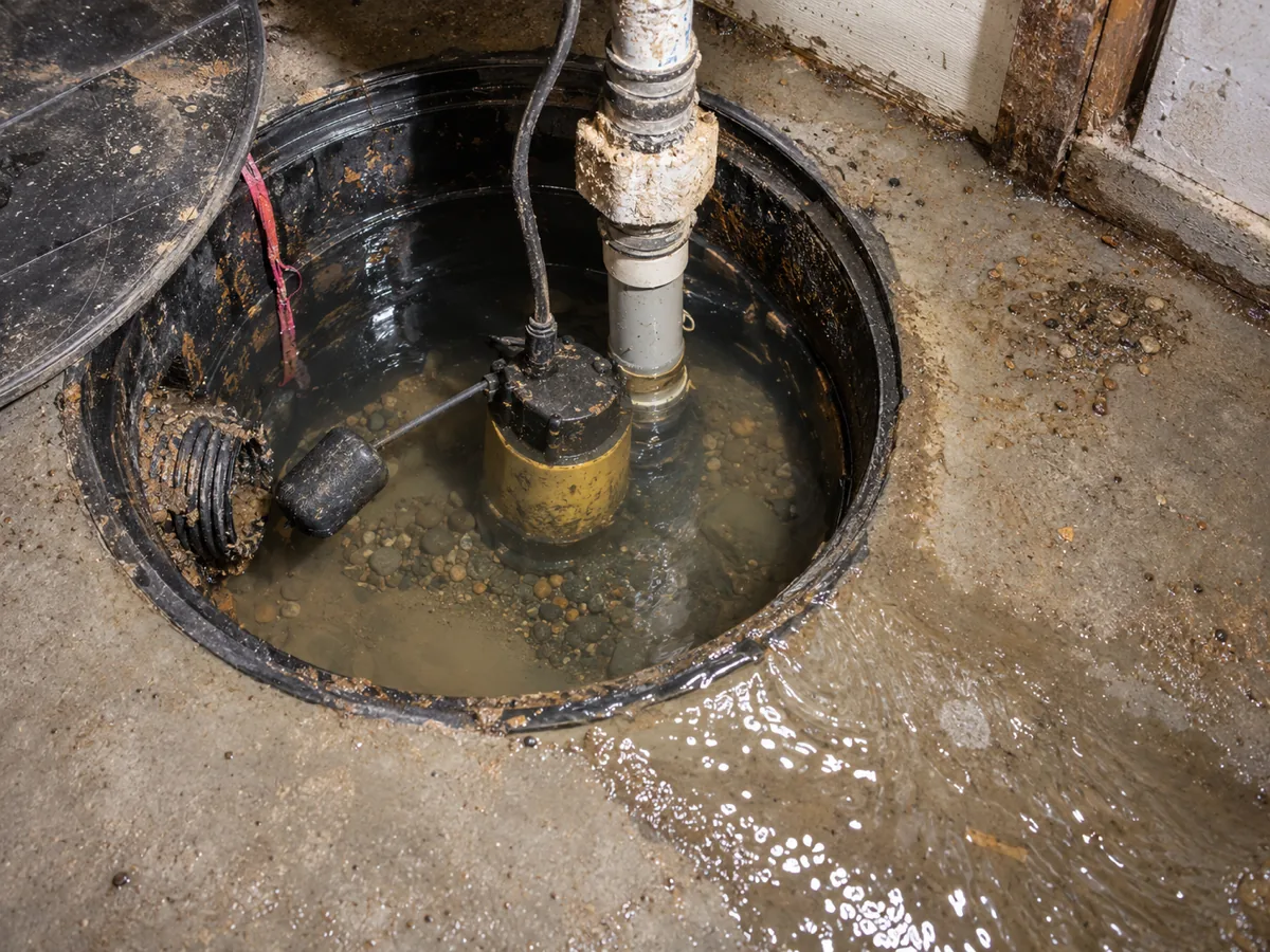 A silted sump basin with its pump sitting idle and water over the rim in a Federal Way, WA house