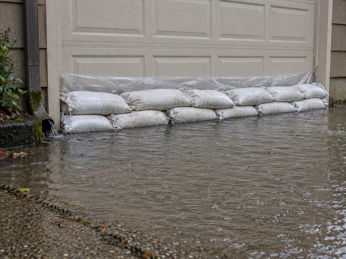 A row of filled sandbags stacked across a garage door threshold in the rain in Federal Way, WA
