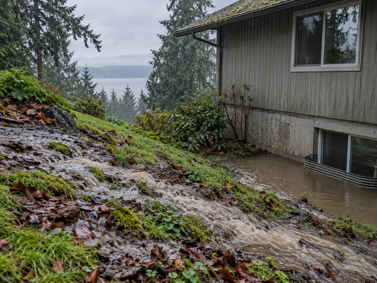 Rain sheeting down a sloped lawn toward the downhill foundation of a split-level house in Federal Way, WA