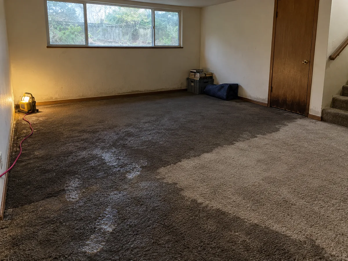 Darkened soaked carpet across the lower floor of an emptied 1980s split-level house in Federal Way, WA