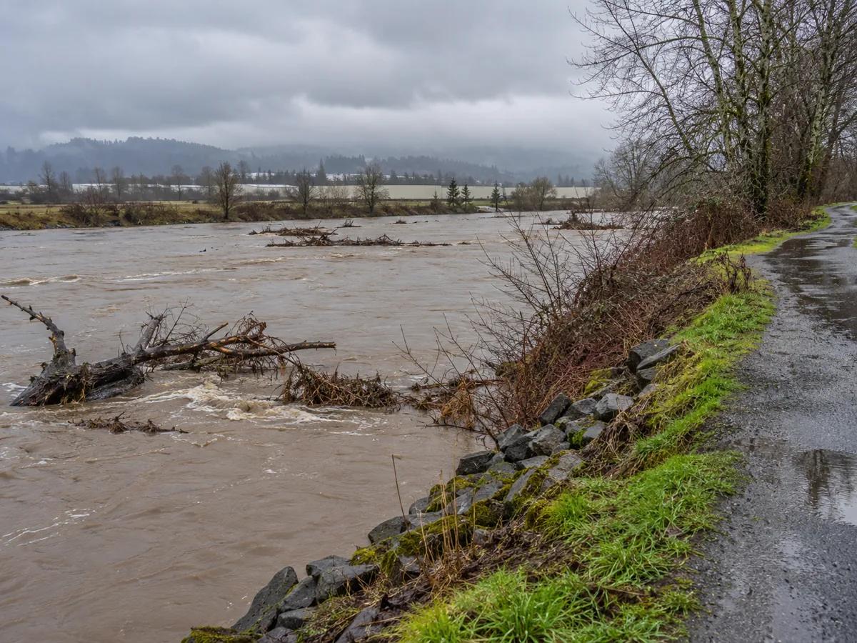The Green River running high and silt-brown against a grass levee and trail in Kent, WA