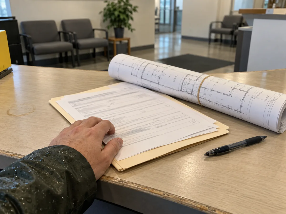 Rolled floor plans and a folder of permit forms on a public service counter, the paperwork for a Kent, WA flood repair