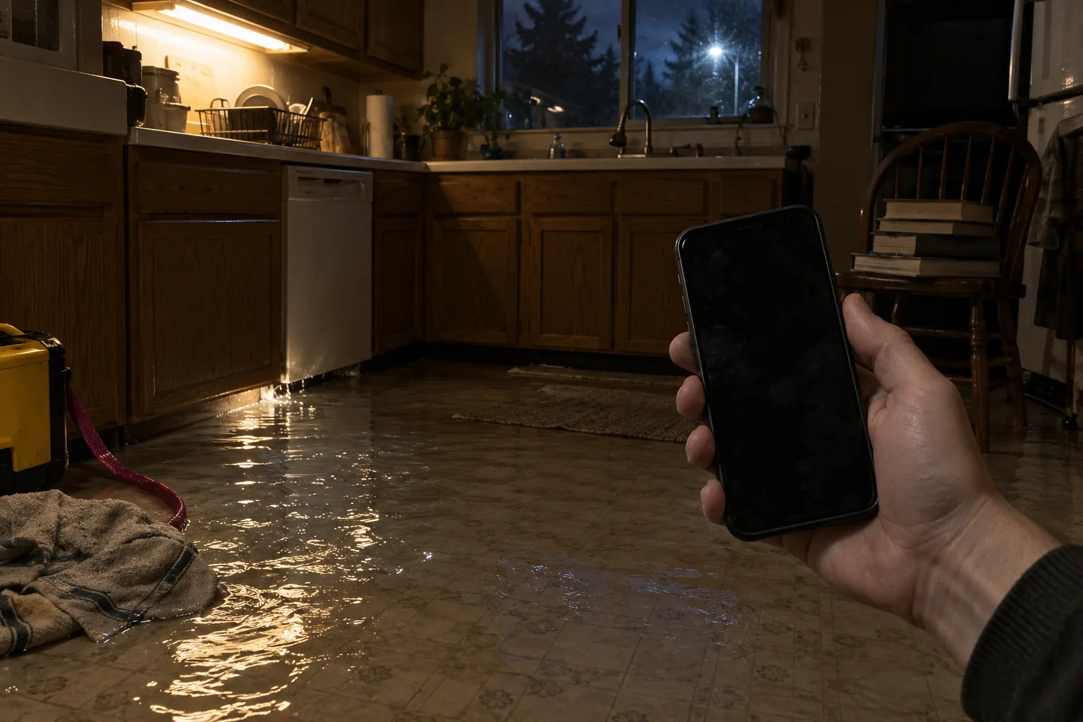 A hand holding a phone above water spreading across a dim kitchen floor at night in Kent, WA