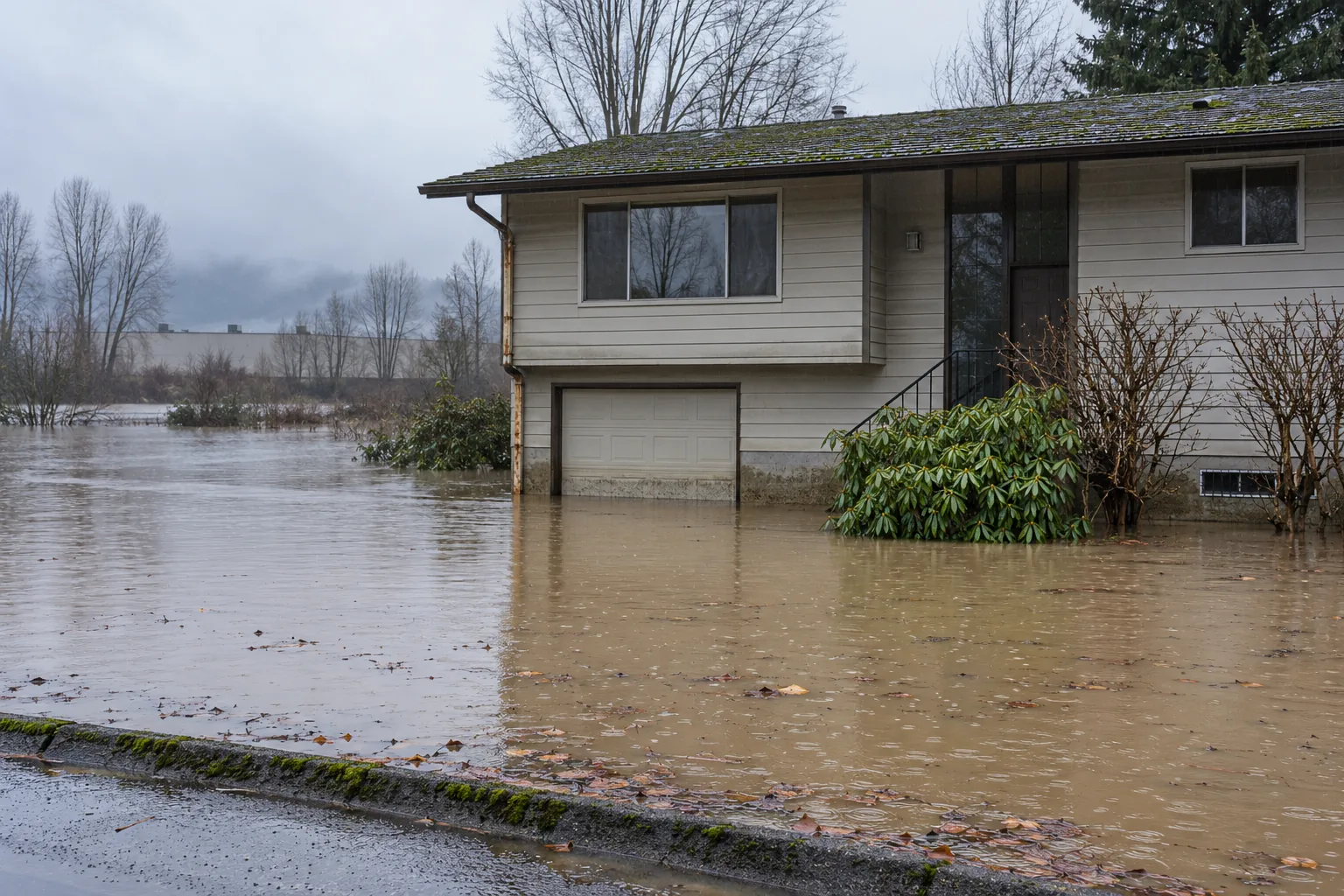 Standing water across the driveway and lawn of a 1980s split-entry home on the Kent, WA valley floor