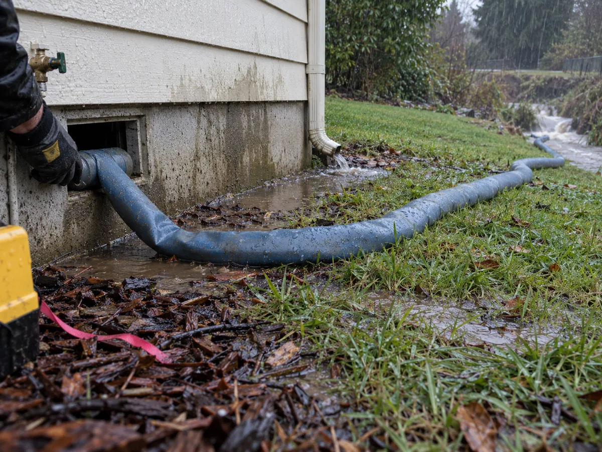 A discharge hose run out through a foundation vent while a crawl space is pumped in Puyallup, WA