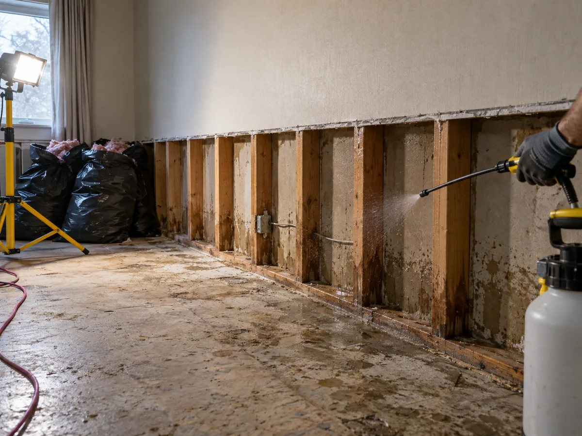 A flood-cut wall with soaked drywall removed and exposed studs being disinfected in a Puyallup, WA home