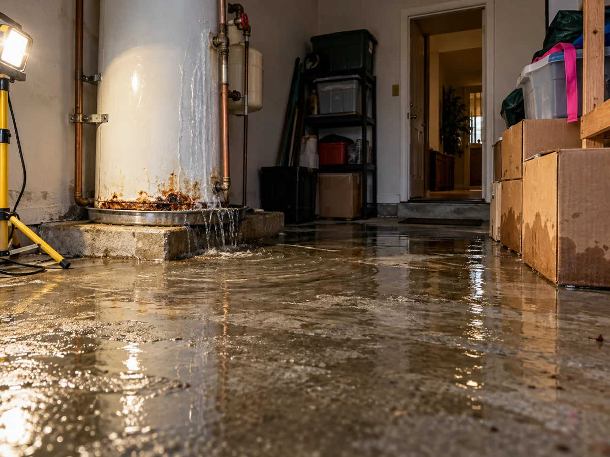 A leaking water heater standing in a spreading pool of water on a garage floor in Puyallup, WA