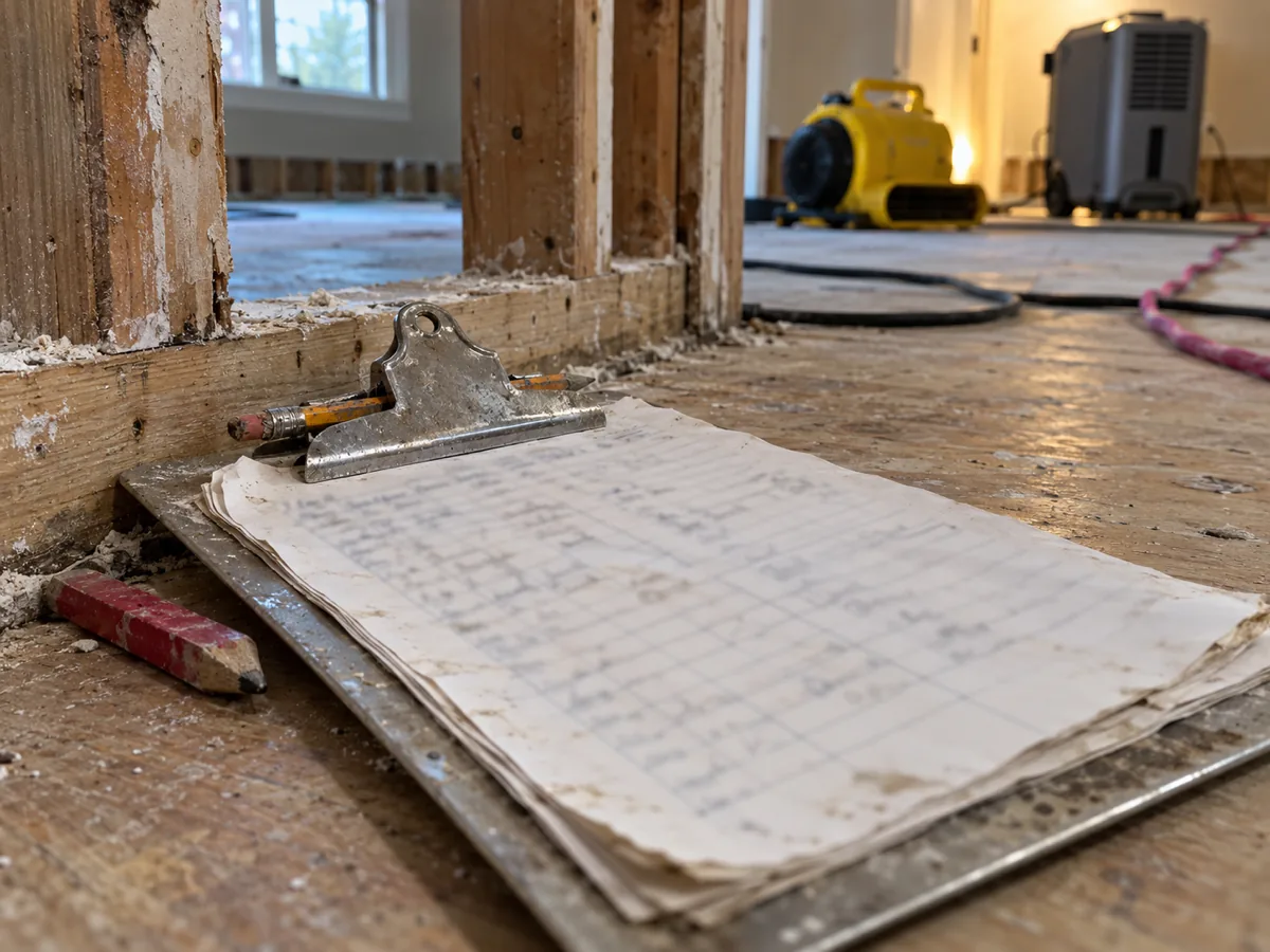 A clipboard of handwritten readings resting on a stud wall in a Puyallup, WA room while drying equipment runs