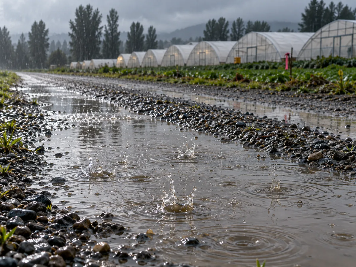 Steady rain pelting a puddled gravel farm lane beside greenhouse rows on the valley floor in Puyallup, WA