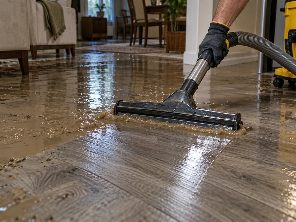 A floor extraction tool pulling standing water off vinyl plank flooring in a Puyallup, WA home