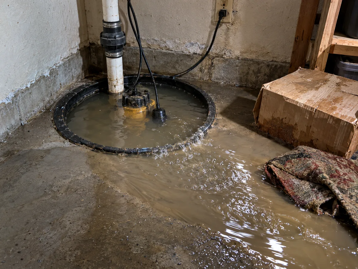 A sump pit overflowing onto a basement slab after its pump stopped in a long rain in Puyallup, WA
