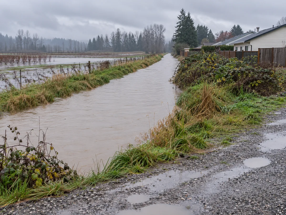 A full drainage ditch running between flooded farm fields and a row of homes on the valley floor in Puyallup, WA
