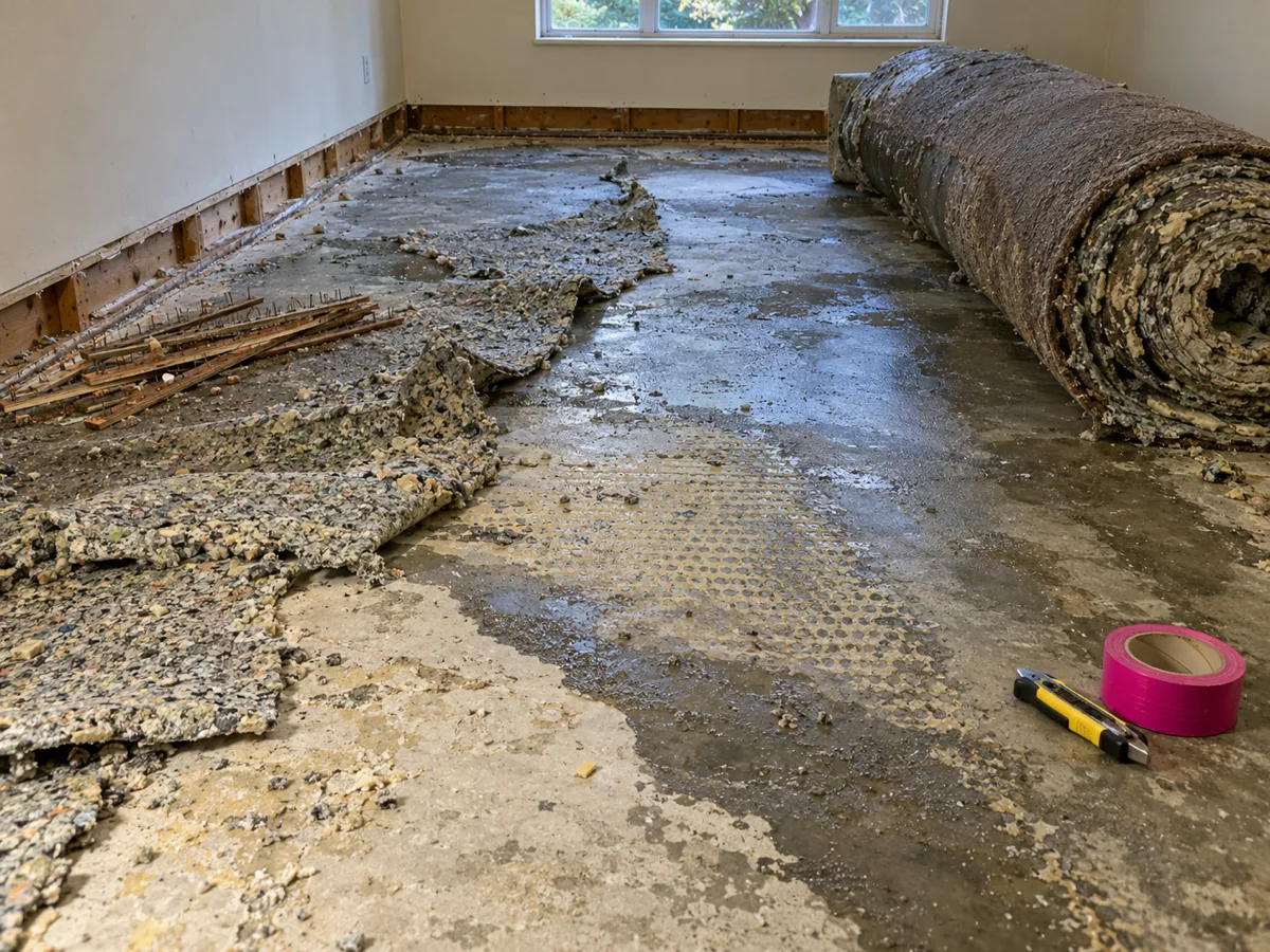 Soaked carpet pad rolled back off a wet concrete slab in a Renton, WA lower level