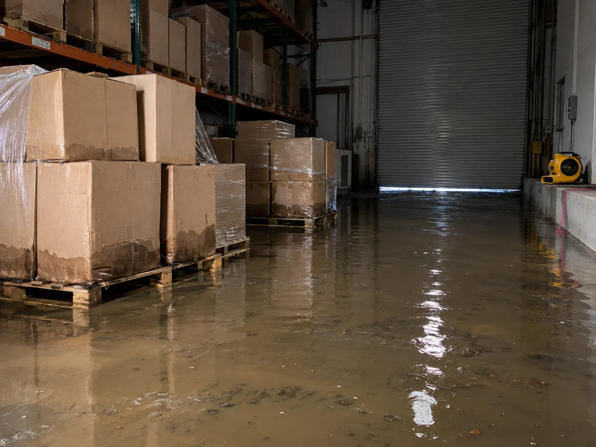 Cardboard stock on pallets standing in shallow flood water inside a low commercial unit in Renton, WA