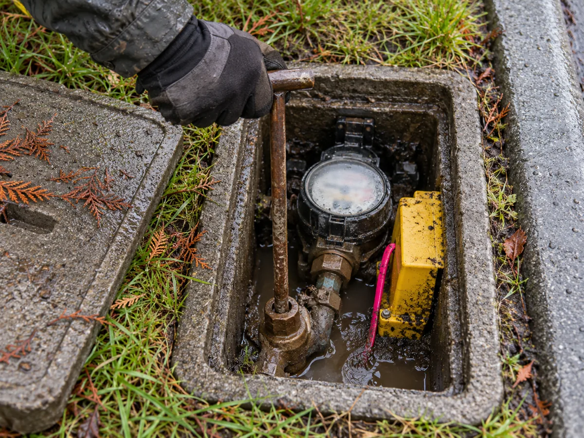 A gloved hand with a meter key at an open water meter box in a wet lawn strip in Renton, WA