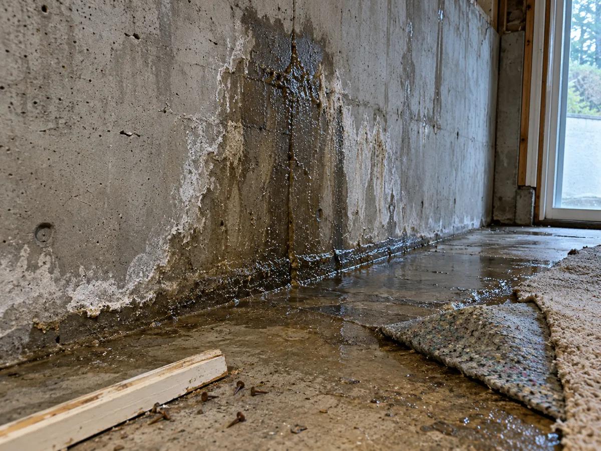 Water seeping through the uphill concrete wall of a daylight basement in Renton, WA and tracking across the slab