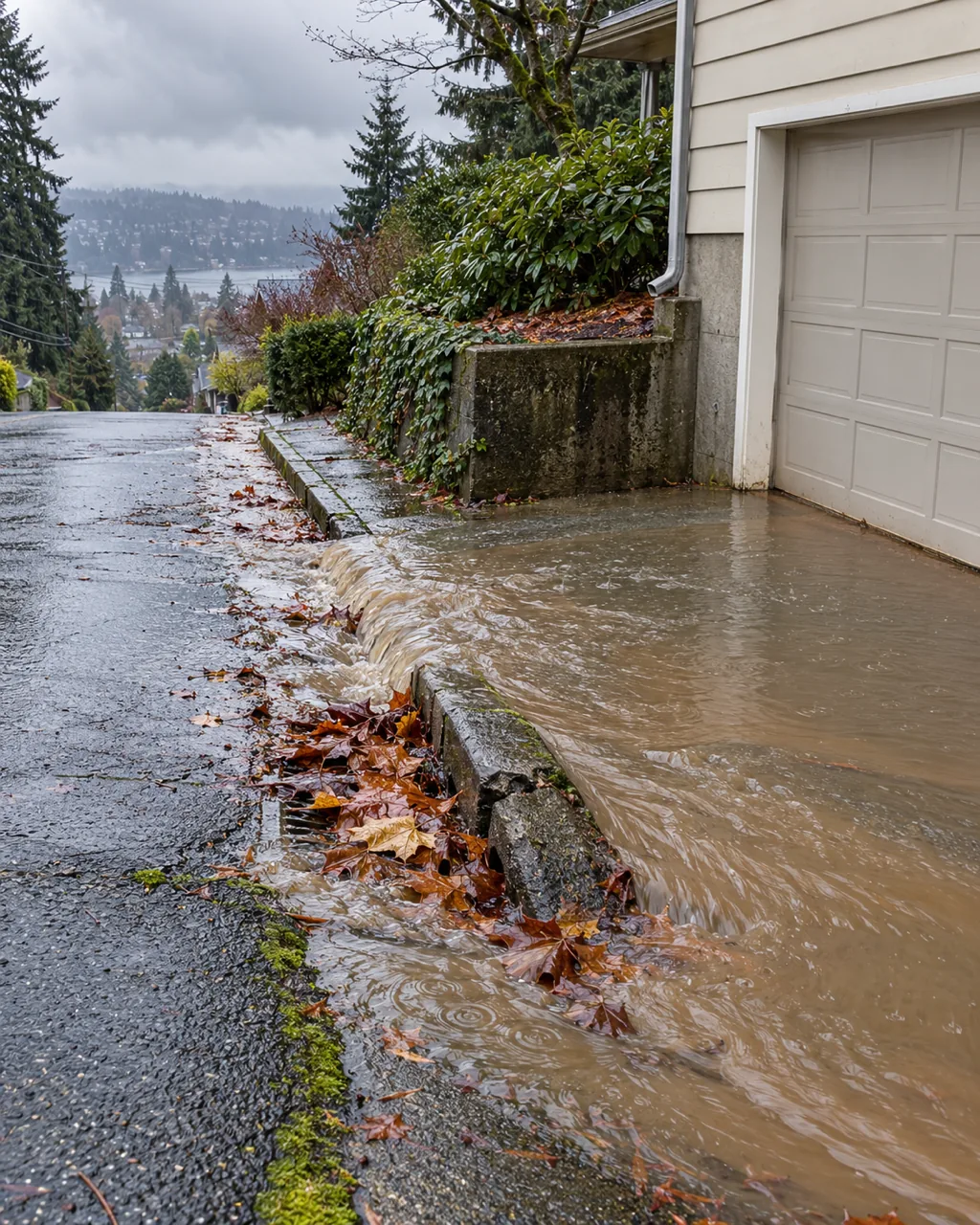 Storm water sheeting down a Renton, WA hill street and ponding against the uphill side of a house