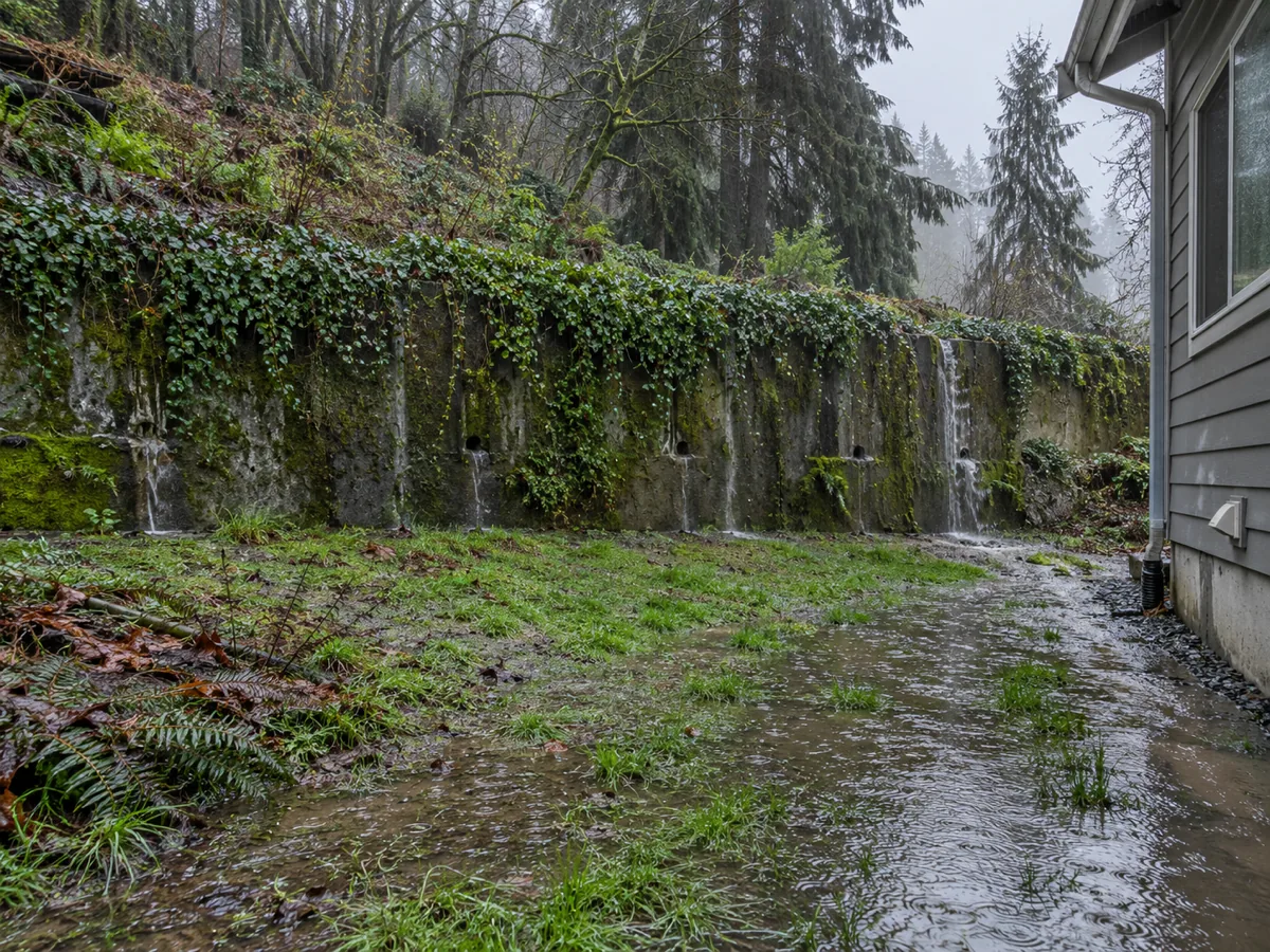 A saturated hillside yard with water seeping from an ivy-covered retaining wall above a Renton, WA house