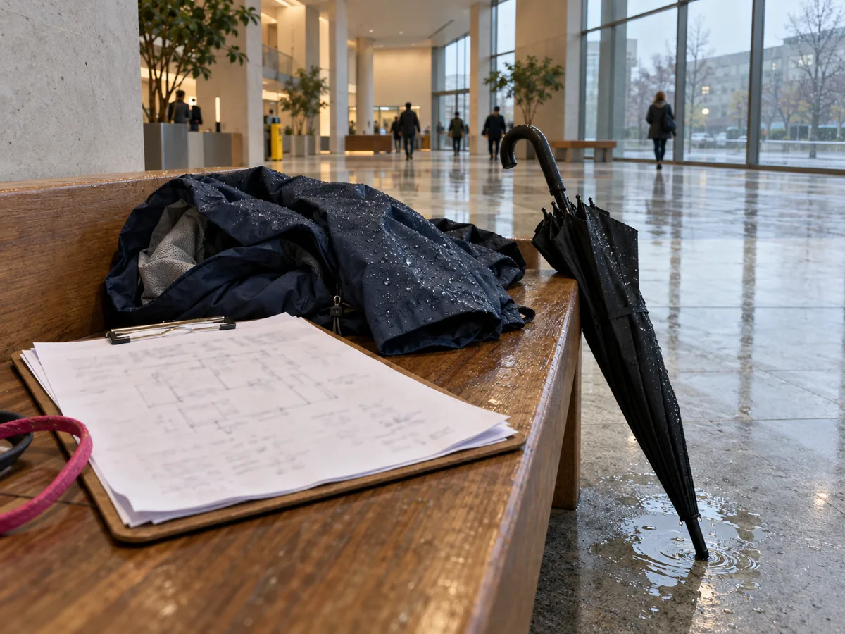 A clipboard with a flood repair scope sheet on a lobby bench beside a wet rain jacket in a Renton, WA civic building