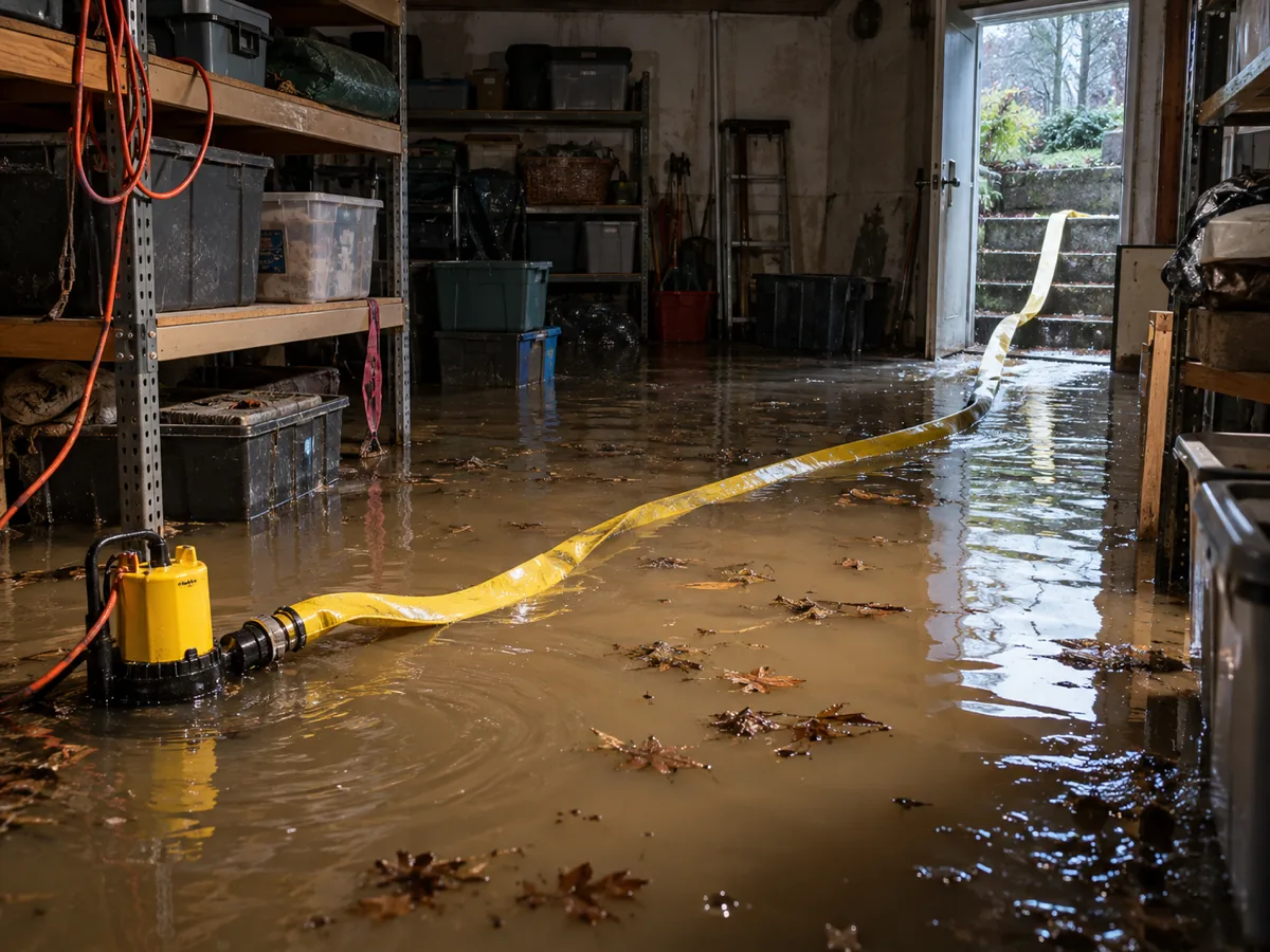 A submersible pump in standing water in a sunken garage with its hose running out the side door in Renton, WA