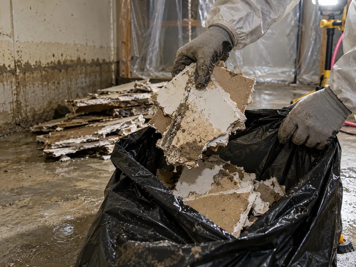 Gloved hands bagging silt-stained wet drywall pieces on a basement slab after outside water in Seattle, WA