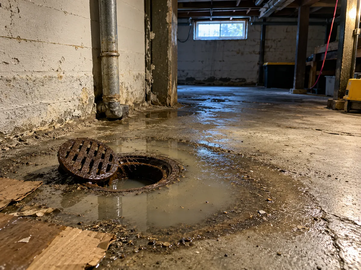 Grey water standing around an open cast-iron basement floor drain in a Seattle, WA house