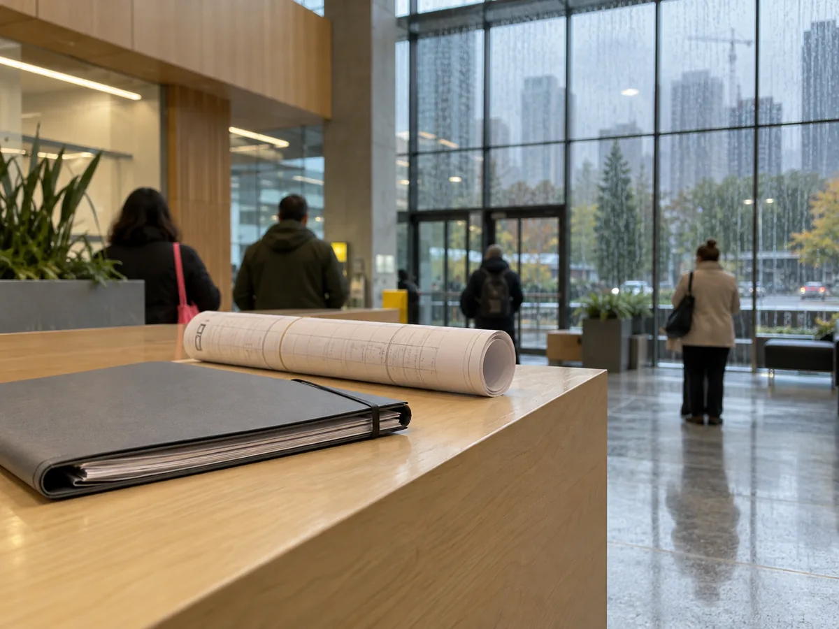 A document folder on a high counter in a bright, modern civic lobby, flood repair paperwork in Seattle, WA